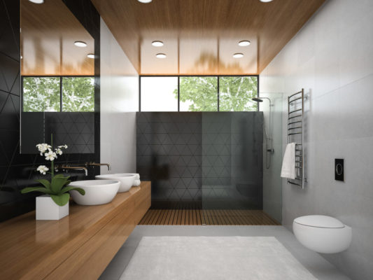 Interior of  bathroom with wooden ceiling 3D rendering 6